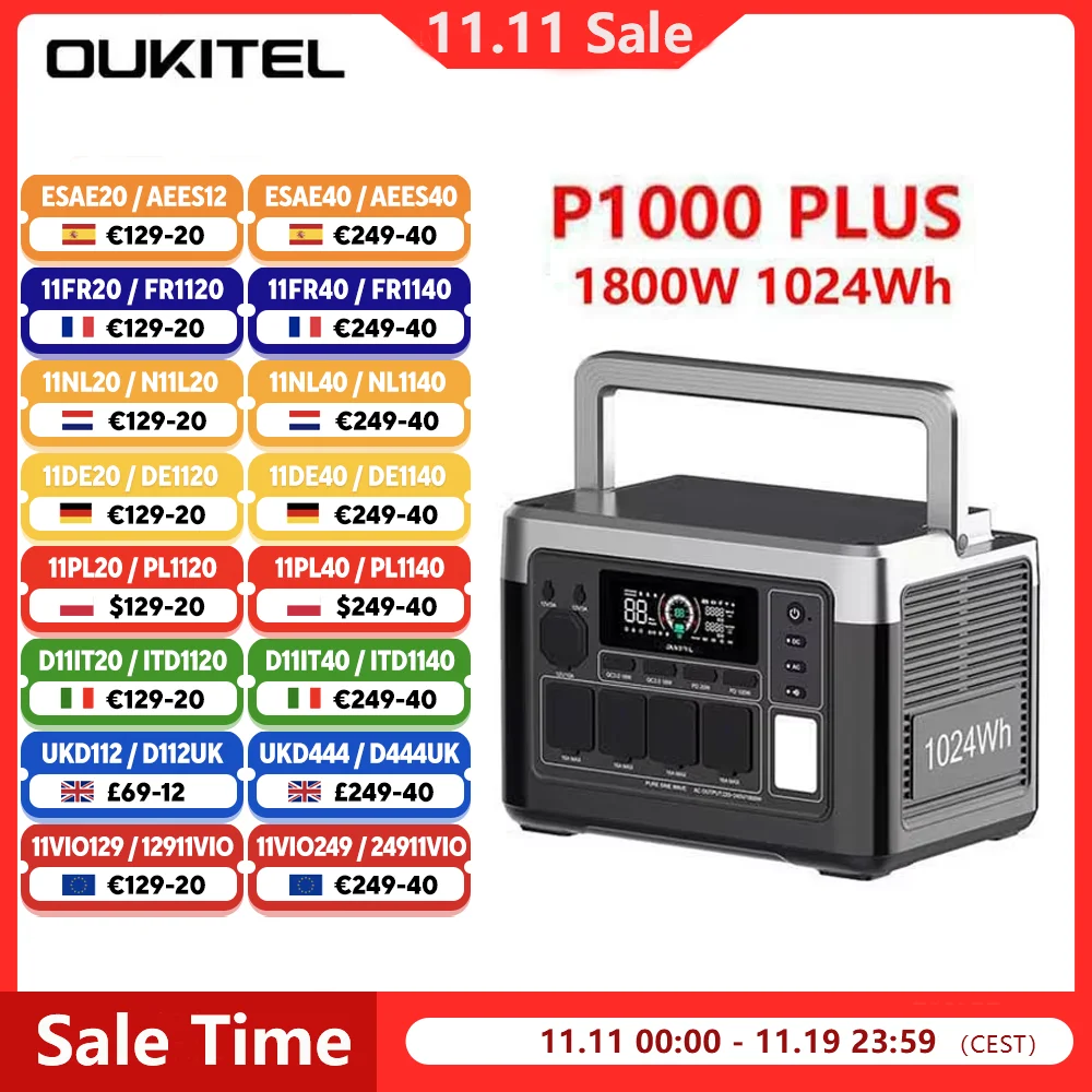 Estación de energía portátil OUKITEL P1000 PLUS, generador Solar de 1800W, batería Lifepo4 de 1024Wh, respaldo para el hogar, energía móvil para acampar al aire libre