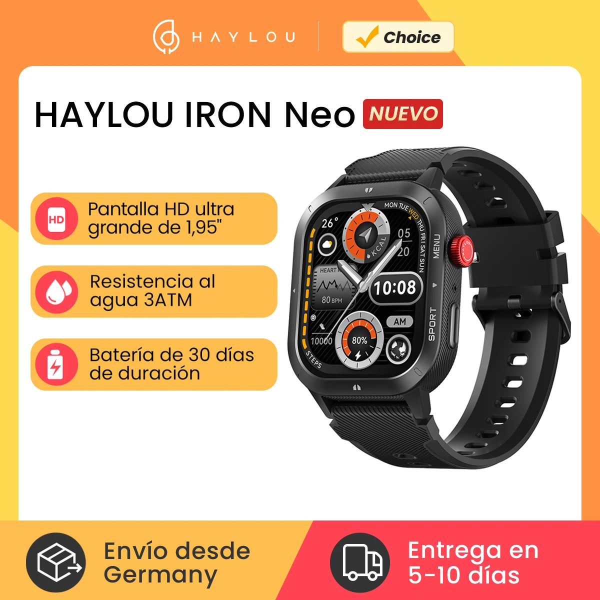 HAYLOU IRON NEO Smartwatch 1,95 ''pantalla HD 3ATM impermeable Bluetooth llamada 30 días de duración de la batería reloj inteligente deportivo para exteriores
