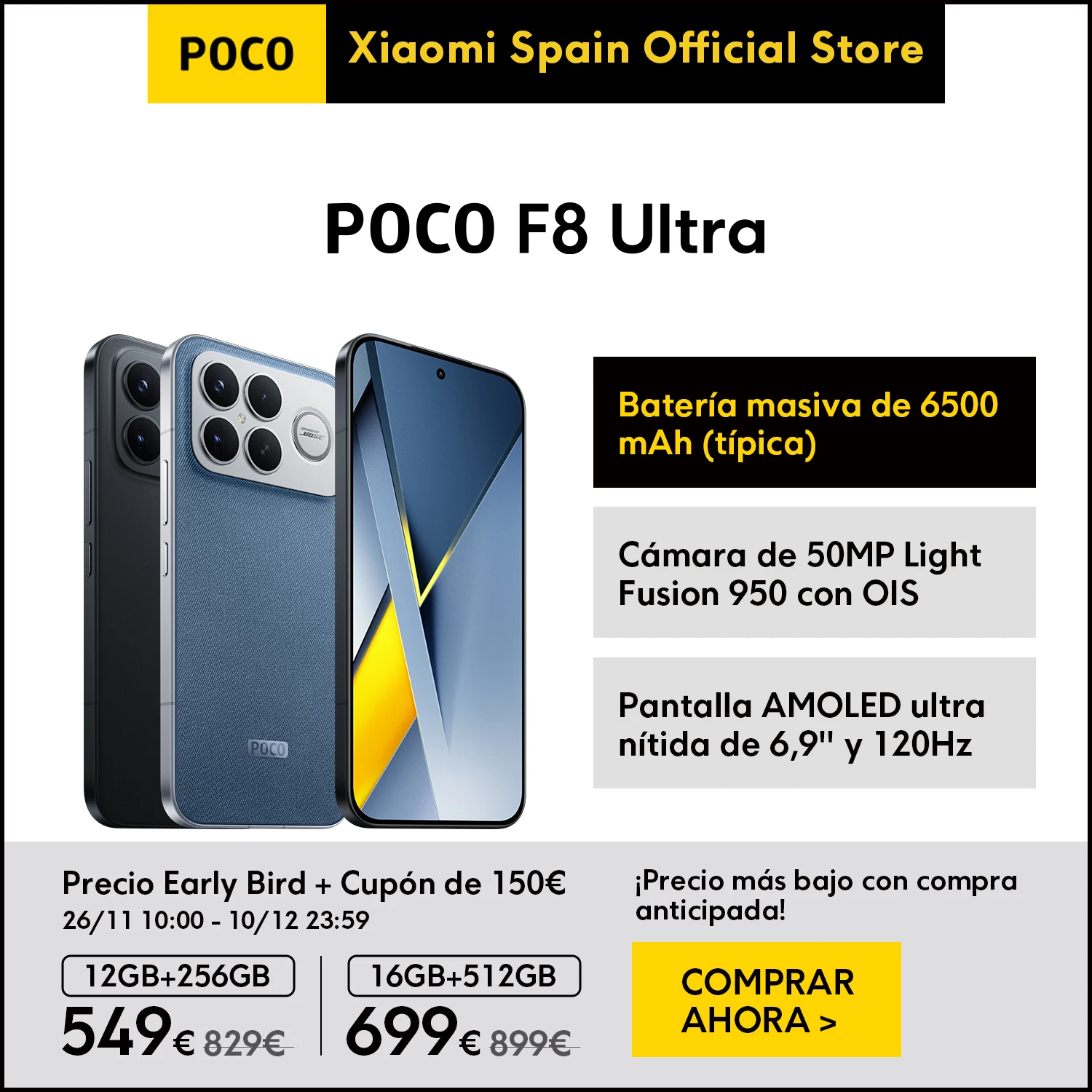 Official | POCO F8 Ultra, Batería masiva de 6500 mAh (tip.), Cámara de 50 MP Light Fusion 950 con OIS, Pantalla POCO HyperRGB AMOLED de 6,9" y 120 Hz
