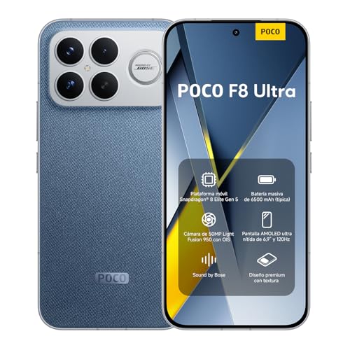 XIAOMI POCO F8 Ultra - Smartphone de 12+256GB, Pantalla AMOLED de 6,85” 120Hz, Snapdragon 8 Elite Gen 5, Carga Hypercharge 100W e inalámbrica 50W, Cargador no Incluido, Azul Denim (Versión ES)