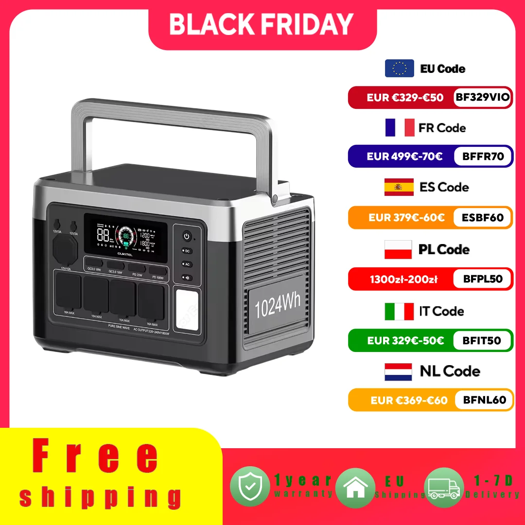 Estación de energía portátil OUKITEL P1000 PLUS, generador Solar de 1800W, batería Lifepo4 de 1024Wh, respaldo para el hogar, energía móvil para acampar al aire libre