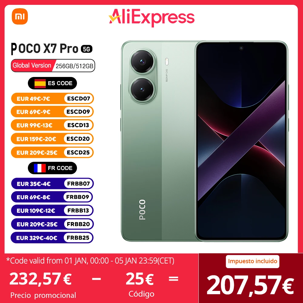 POCO X7 Pro 5G Versión Europea 256BG/512GB Dimensity 8400 Ultra Pantalla AMOLED 6,67", 120Hz, Batería de 6000mAh, 90W, 50MP, NFC
