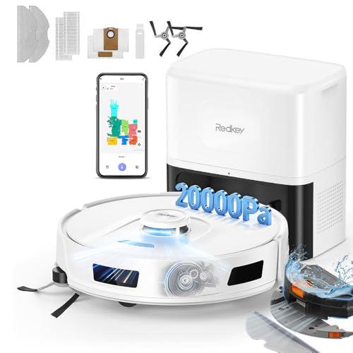 Redkey R11 Robot Aspirador Fregasuelos, 20.000Pa Aspirador Robot con Base de Autovaciado 4L, Anti-Enredo de Cabello, Navegación LiDAR, Control App, Ideal para Alfombras y Pelos de Mascotas