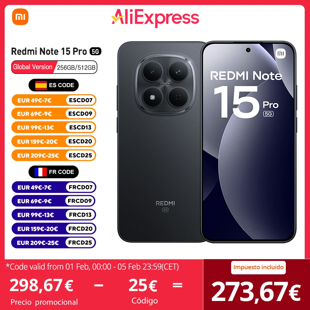 Xiaomi Redmi Note 15 Pro 5G Versión Europea 8+256GB MTK Dimensity 7400-Ultra Pantalla AMOLED 6,83" 1.5K, 120Hz, 200MP, IP68, NFC
