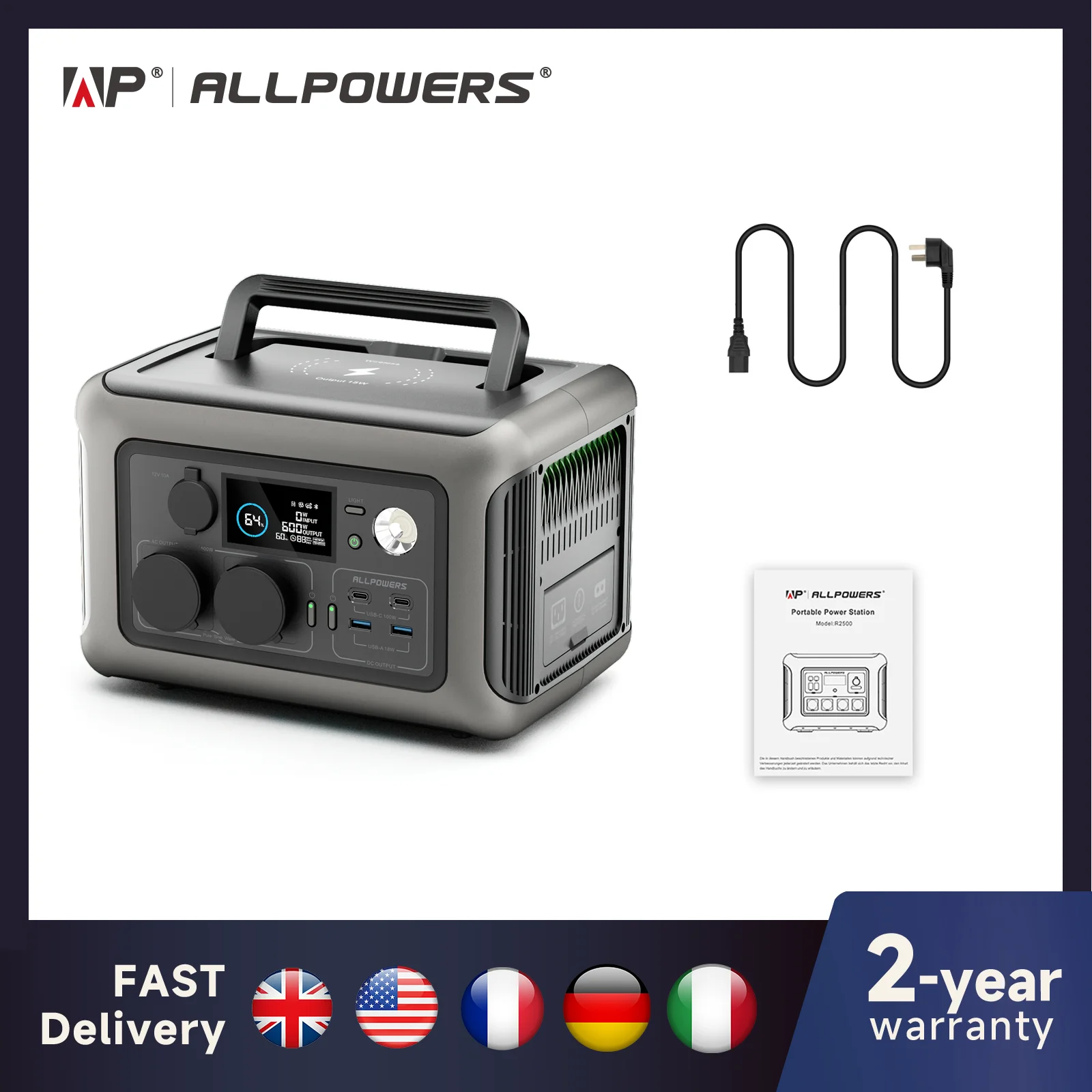 ALLPOWERS Estación de energía portátil R600, batería LiFeP04 de 299Wh con 2 salidas de CA de 600W (1200W) para acampar al aire libre, RV y hogar