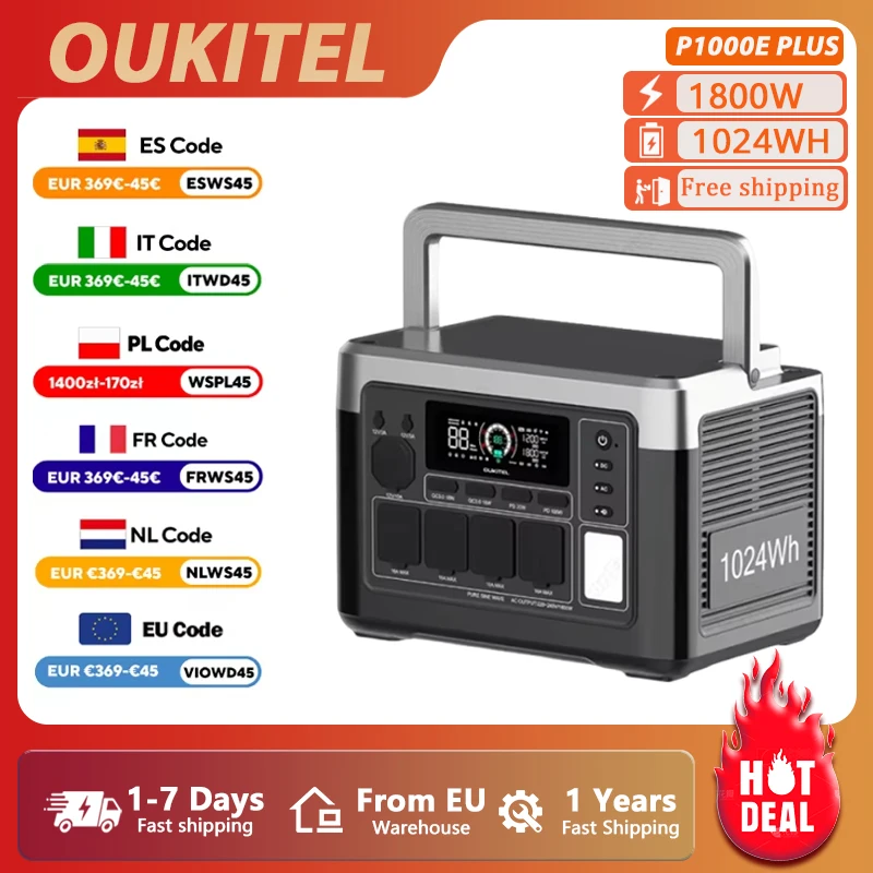 OUKITEL P1000 PLUS 1800W Estación de energía portátil 1024Wh Lifepo4 Generador solar con batería, respaldo para el hogar Camping al aire libre Energía móvil