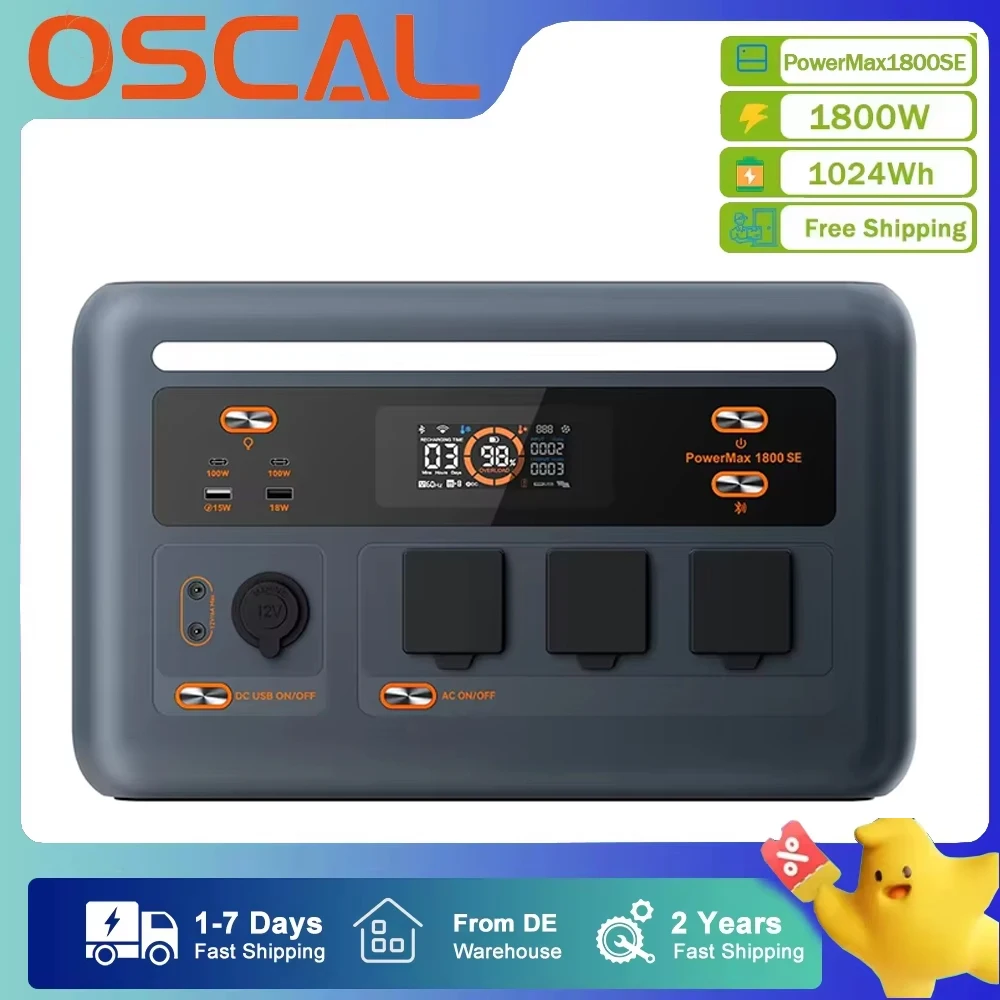 Estación de Energía Portátil OSCAL PowerMax1800SE, Generador Solar de 1800W, Batería Lifepo4 de 1024Wh, Respaldo de Energía para el Hogar, Camping al Aire Libre, Energía Móvil