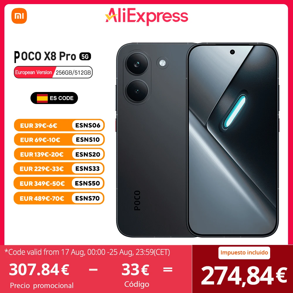 POCO X8 Pro 5G Versión Europea 256GB/512GB 6.59" AMOLED 1.5K 120Hz 6210mAh 50MP OIS IP68 NFC Dimensity 8500-Ultra Sin Cargador