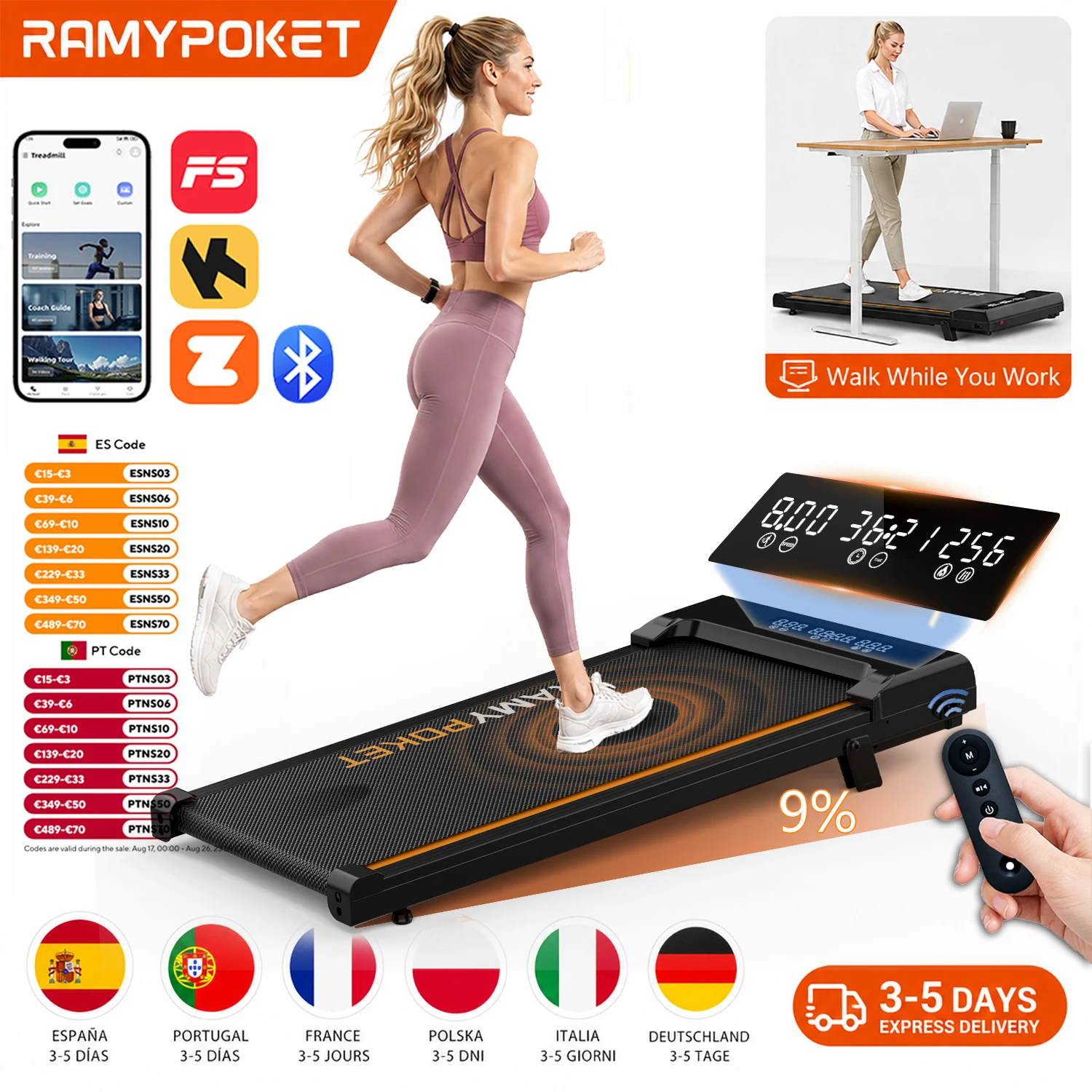 RAMYPOKET Caminadora Electrica Para Casa con Inclinación 9%,1-8km/h, Control Mediante Aplicación y Pantalla LED de Tres Ventanas, 2.5HP,  Máxima120kg, Cinta de Correr Bajo Escritorio