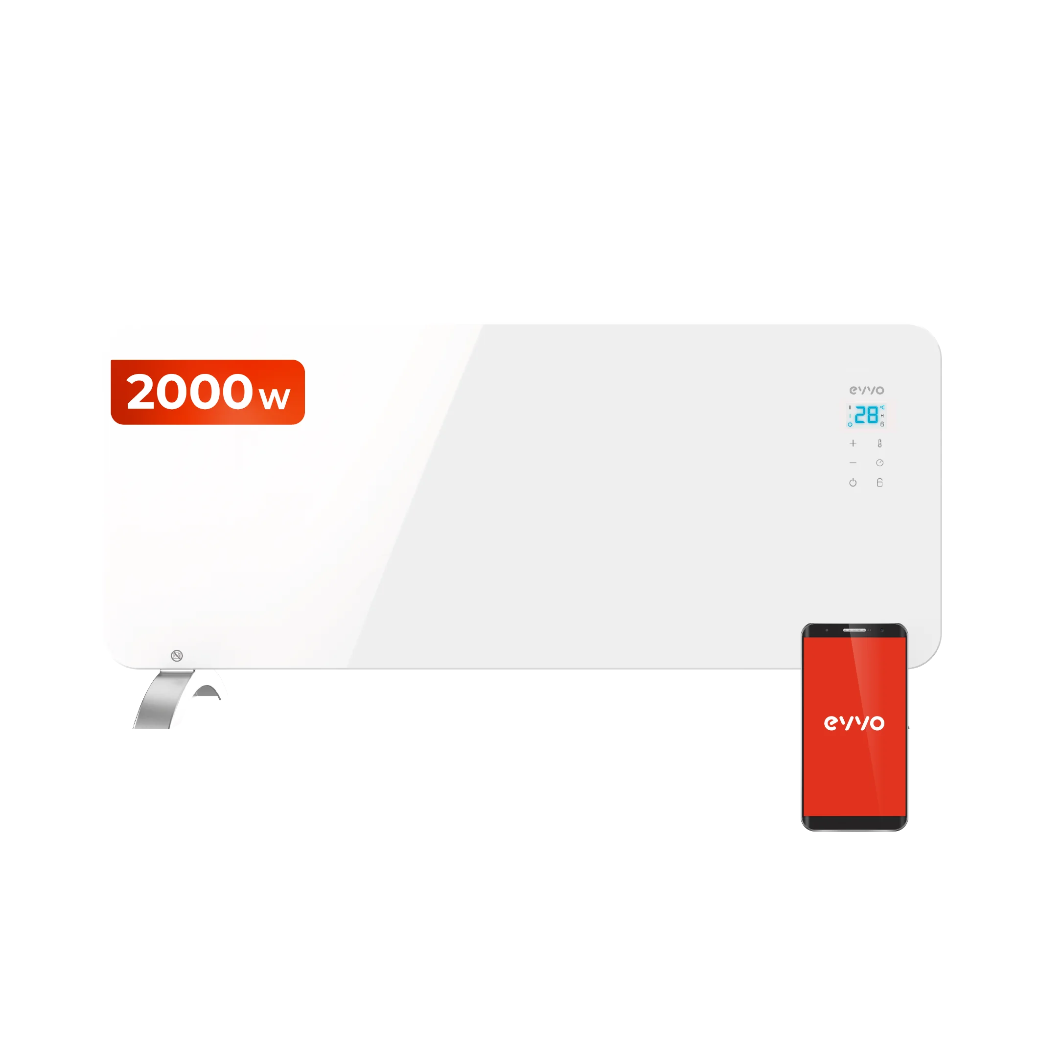 Radiador eléctrico EVVO Cristal, Wifi, 1000W - 2000W, Pantalla táctil, Mando a distancia, Temporizador, Blanco y negro